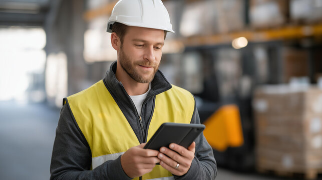 A warehouse supervisor reviewing inventory data on a rugged tablet while overseeing forklift traffic, sunlight cutting through high windows onto stacked pallets — logistics leadership, operational - Powered by Adobe