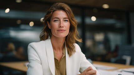 A female diplomat negotiating across a long conference table, documents and translation headsets scattered as she maintains steady eye contact — global diplomacy and strategic leadership. cinematic