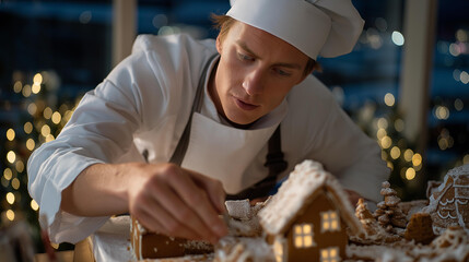 A pastry chef constructing a miniature gingerbread village with sugar-glass windows and powdered-snow rooftops, capturing holiday charm in bite-sized form — festive culinary artistry and dessert