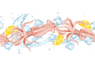 Seamless illustration of a horizontal border with hand-drawn squids (calamari), lemon slices, and ice cubes with water splashes