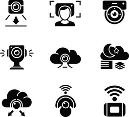 Collection of Security Camera and Surveillance Icons in Black Silhouette