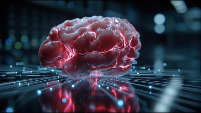 Organoid intelligence. OI. Biocomputing. Synthetic biology. Biological computation. Bioengineered tissue. A glowing, bioengineered brain model with digital connections.