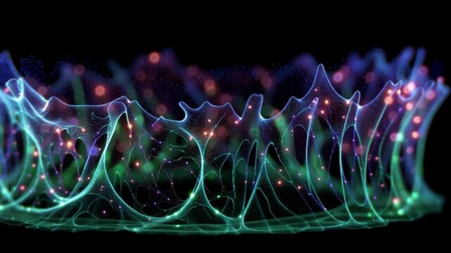 Organoid intelligence. OI. Biocomputing. Synthetic biology. Biological computation. Bioengineered tissue. A vibrant, abstract representation of biocomputing networks.