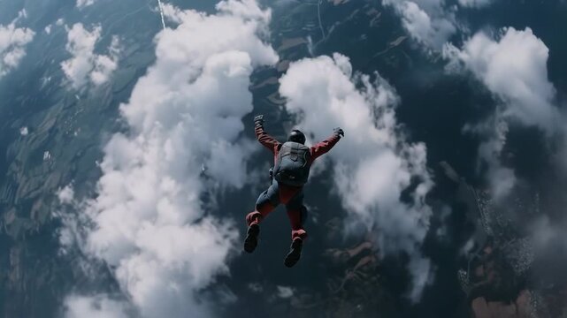 Video A person jumping from an airplane and descending slowly to the ground using a parachute