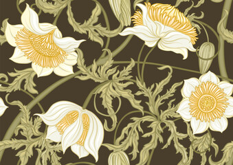 Seamless floral pattern featuring vintage botanical flowers, ornate leaves, blooming buds and elegant art nouveau elements. Perfect for textile design, decor, classical engraving illustration.
