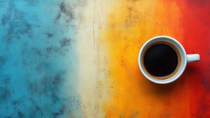 Black coffee in a white mug rests on a vibrant colorful textured surface