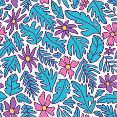 Cute flowers and jungle leaves seamless pattern. Vector illustration flat design background. 
