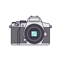 Modern Digital Camera with Lens and Flash in Flat Design Style.