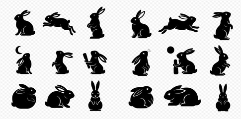 Set of various black rabbit silhouettes in different poses on a transparent background.