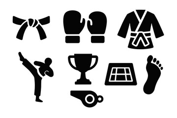 Martial arts icons: belt, gloves, uniform, kicking, trophy, mat, whistle, footprint