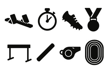 Silhouette icons of track and field equipment: stopwatch, cleats, medal, and more