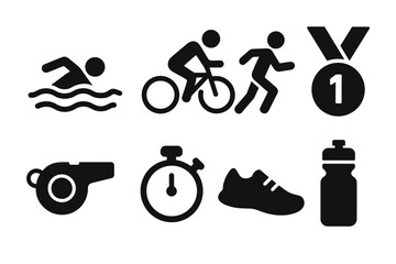 Triathlon icons set: swimming, cycling, running, medal, whistle, stopwatch, shoe, bottle