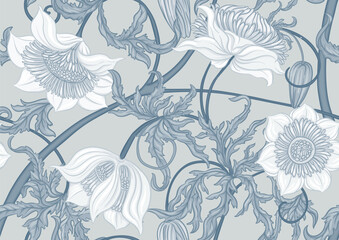 Seamless floral pattern featuring vintage botanical flowers, ornate leaves, blooming buds and elegant art nouveau elements. Perfect for textile design, decor, classical engraving illustration.