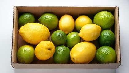 cardboard box with lemons surrounded by green and ripe lemons