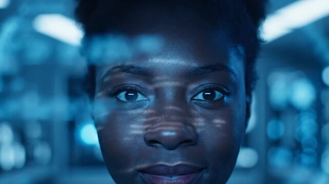 Close-up of intense young Black woman's face with serious expression under blue lighting. Focus on mental health, anxiety, fear.