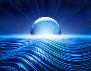a glowing celestial sphere rests atop undulating blue waves creating a surreal and ethereal scene
