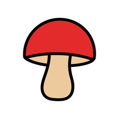 Red mushroom illustration with a beige stem and black outline on white background.