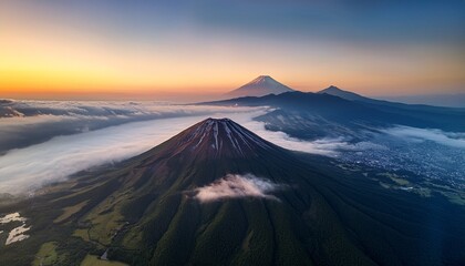 fuji mountain aerial sunrise with morning mist japan