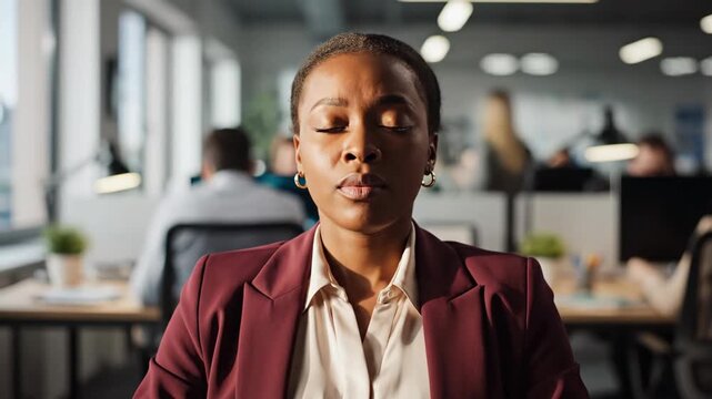 A woman sits calmly at her desk in a bustling office, practicing mindfulness amidst the chaos. Her serene expression contrasts sharply with the lively environment around her, promoting inner peace.