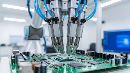 Robotic arm precisely placing components on a complex circuit board in a clean room