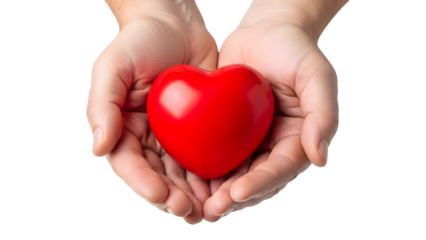 Hands gently holding a red heart isolated on transparent background