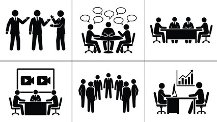 Business communication scenes with meetings teamwork presentations discussions collaboration video conference teamwork analysis and corporate interaction icons illustration