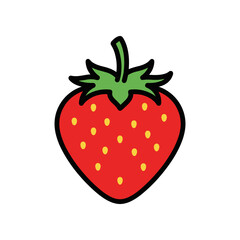 Simple cartoon illustration of a ripe red strawberry with green leaves and yellow seeds.
