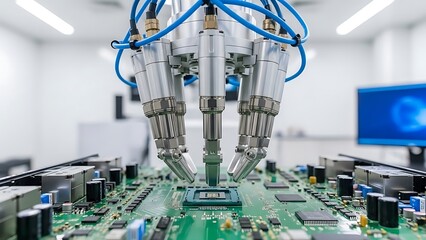 Automated robotic arms assembling a complex electronic circuit board in a clean room environment