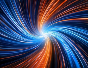 a dynamic abstract swirl of vibrant blue and orange light trails converging into a dark central vortex evoking a sense of motion and energy