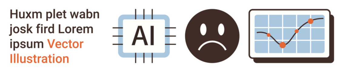 Artificial intelligence, data analysis, machine learning, emotional response, technology impact, digital trends. AI chip, sad face graph with rising data points. AI and data analysis concept