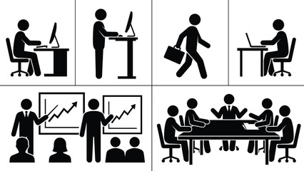 Business workflow icons showing office tasks, presentations, teamwork, meetings, computer work, standing desk use, commuting, collaboration scenes