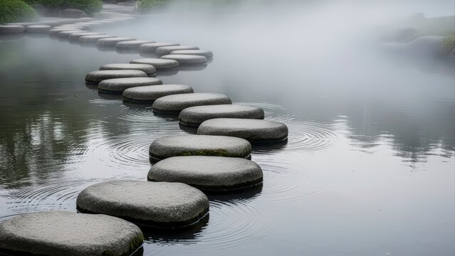 Serene Stepping Stones Path Across Misty Water in a Tranquil Garden.