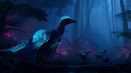 Bioluminescent dinosaur in mystical jungle, glowing blue, vibrant digital art.