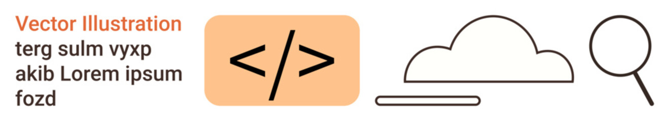 Web development, data storage, search functionality, digital solutions, cloud systems, coding concepts. Minimalist icons code brackets, a cloud and magnifying glass. Web development and data storage