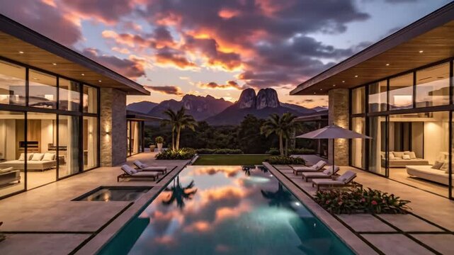 Stunning luxury villa with infinity pool and mountain backdrop at sunset