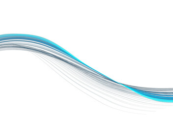 Dynamic abstract blue and grey lines flowing in a wave shape on a clean white background, depicting modern technology.