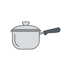 Stainless steel saucepan with lid and handle for cooking on stove.