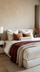 Fototapeta premium Serene Modern Bedroom Interior with Neutral Tones and Cozy Decor Viewed from the Side