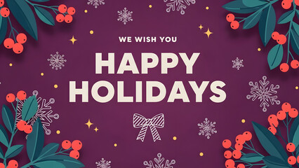 Happy Holidays Christmas Winter Festive Background Template with Berries Leaf Border Snowflake Red Purple Gold Flat Simple Banner Greeting Card Message Promotion