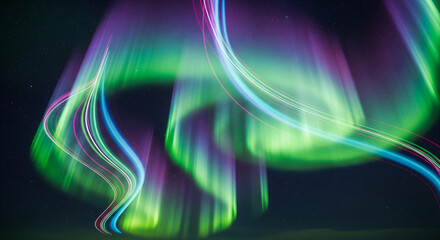 Vibrant abstract Northern Lights background with neon green and purple light trails against stars