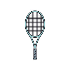 Tennis racket illustration with a blue frame and black strings.