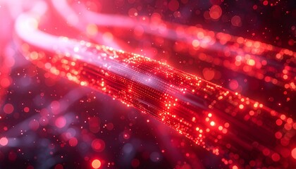 Red Fiber Optics in Action: An artistic depiction of red fiber optic cables pulsating with light, signifying the flow of data. 