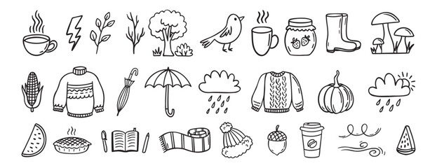 Autumn or nature fall season with falling leaves, umbrella doodle hand drawn icon elements set. Outline drawing autumn or fall line clipart symbol collection
