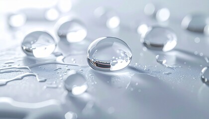 Liquid Droplets: A collection of crystal-clear water droplets, each a perfect sphere, sit on a cool, reflective surface, creating a visual symphony of purity and tranquility.