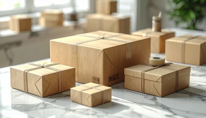 Boxes Ready for Dispatch: A neatly arranged collection of parcel-wrapped boxes, poised for shipment, sitting on a marbled surface. An everyday scene.