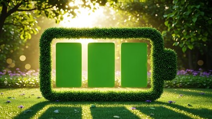 Green battery symbol made of leaves in a sunlit forest