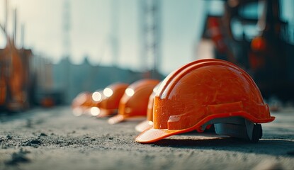 A row of orange protective helmets on a construction site, shallow depth of field