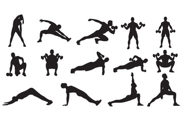 Fitness Silhouette Bundle Male & Female Workout Gym Yoga Exercise Vector Set
