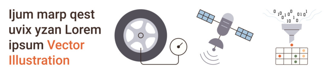 Fototapeta premium Technology, innovation, automation, data analysis, communication, remote monitoring. Wheel with sensor, satellite data flow funnel grid elements. Technology and innovation concept