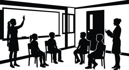 Silhouette of teachers and students in classroom during lesson with children seated and teacher instructing